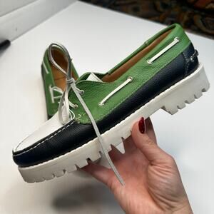 Anthropologie Penelope Chilvers Fredericko Green White Leather Boat Shoes